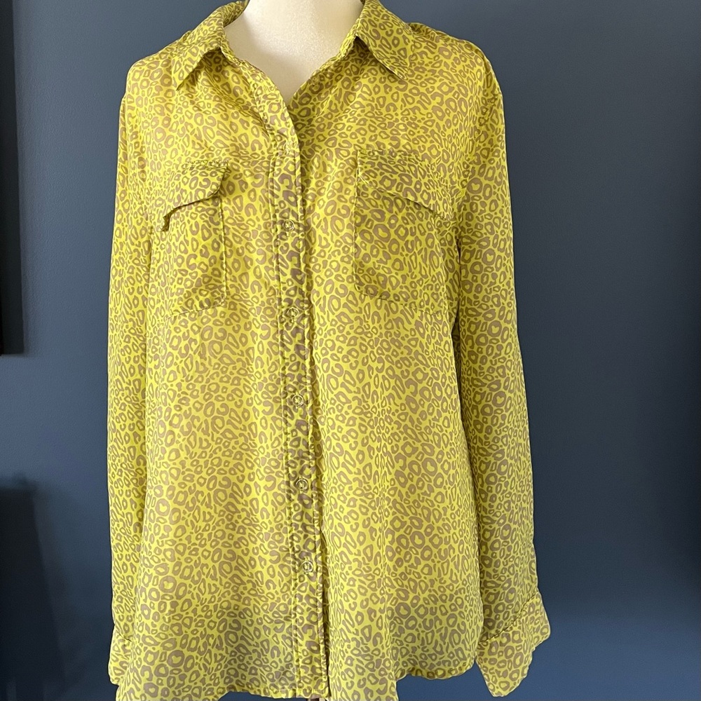 Banana Republic, Sheer Animal Print Blouse, limey yellow/gray, man-tailored